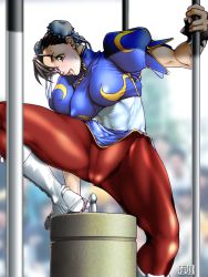 Rule 34 | 1girl, breasts, cameltoe, capcom, china dress, chinese clothes, chun-li, covered erect nipples, crotch seam, dress, highres, imminent penetration, large breasts, muscular, pantyhose, pelvic curtain, qkat (arikawa-dou), sash, solo, street fighter