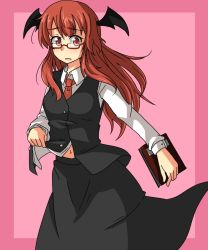 Rule 34 | 1girl, :o, bad id, bad pixiv id, bat wings, bespectacled, blush, book, border, clothes lift, collared shirt, collared sleeves, dress shirt, glasses, head wings, holding, holding book, keruto, koakuma, long sleeves, looking at viewer, midriff peek, navel, necktie, pink background, red-framed eyewear, red eyes, red hair, red necktie, semi-rimless eyewear, shirt, shirt lift, simple background, skirt, skirt set, solo, touhou, vest, vest lift, white shirt, wings