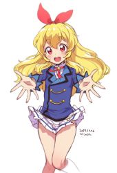 Rule 34 | 1girl, :d, aikatsu!, aikatsu! (series), blonde hair, blush, boots, bow, commentary, cowboy shot, dated, foreshortening, hair bow, hairband, hoshimiya ichigo, kanya pyi, long hair, long sleeves, looking at viewer, neck ribbon, open mouth, outstretched arm, reaching, reaching towards viewer, red eyes, ribbon, school uniform, signature, simple background, sketch, smile, solo, starlight academy school uniform, white background, wind, wind lift