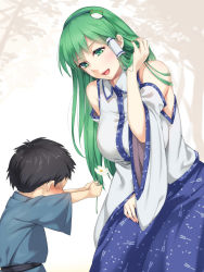 Rule 34 | 1boy, 1girl, asutora, bare shoulders, blue skirt, blush, breasts, child, confession, detached sleeves, faceless, faceless male, flower, frog hair ornament, green eyes, green hair, hair ornament, hair tubes, hairband, hand on own thigh, highres, holding, holding flower, japanese clothes, kochiya sanae, large breasts, leaning forward, long hair, skirt, smile, touhou, white flower, wide sleeves