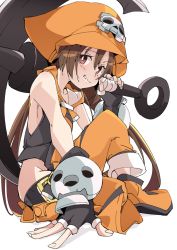 Rule 34 | 1girl, anchor, black gloves, brown eyes, brown hair, clenched teeth, fingerless gloves, gloves, guilty gear, hat, ixy, long hair, looking at viewer, may (guilty gear), orange hat, pirate hat, simple background, sitting, skull, smile, solo, teeth, white background