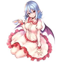 Rule 34 | 1girl, bat wings, blue hair, blush, breasts, center frills, commentary request, cup, dress, frilled shirt collar, frills, hair ornament, hand up, head tilt, holding, holding cup, juliet sleeves, junior27016, long sleeves, looking at viewer, medium breasts, no headwear, pointy ears, puffy sleeves, red eyes, remilia scarlet, short hair, simple background, sitting, smile, solo, teacup, thighs, touhou, white background, white dress, wings