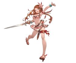 Rule 34 | 10s, 1girl, arm up, armpits, bare shoulders, belt, bikini, bikini skirt, blue eyes, bracelet, braid, breasts, brown hair, carren, carren (granblue fantasy), cleavage, crown braid, full body, granblue fantasy, hair ornament, high heels, holding, holding sword, holding weapon, jewelry, knees, bridal garter, legs, long legs, looking at viewer, medium breasts, minaba hideo, navel, official art, open mouth, toeless footwear, pearl bracelet, sandals, sheath, shoes, solo, swimsuit, sword, thigh strap, thighs, transparent background, twin braids, weapon, wedge heels
