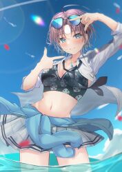 Rule 34 | 1girl, absurdres, ahoge, arm up, asakura toru, bikini, bikini under clothes, black bikini, black necktie, blue cardigan, blue eyes, blue hair, blue nails, blue sky, blurry, blush, breasts, brown hair, cardigan, cleavage, closed mouth, clothes around waist, cloud, collarbone, cowboy shot, day, depth of field, dot nose, earrings, emblem, eyewear on head, falling petals, finger frame, floral print, flower earrings, gradient hair, grey skirt, hand up, highres, idolmaster, idolmaster shiny colors, jewelry, kunimine yuzuki, lens flare, long sleeves, looking at viewer, midriff, multicolored hair, nail polish, navel, necklace, necktie, open clothes, open shirt, outdoors, parted bangs, petals, pleated skirt, print bikini, rainbow gradient, school uniform, shirt, short hair, skirt, sky, smile, solo, standing, sunglasses, swimsuit, wading, water, white shirt