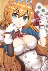 Rule 34 | 1girl, armor, blue eyes, blurry, blush, braid, breasts, buttons, c:, cleavage, closed mouth, depth of field, food, gloves, hair ribbon, hands up, highres, holding, holding spoon, large breasts, long hair, looking at viewer, masa masa, onigiri, orange hair, pauldrons, pecorine (princess connect!), princess connect!, red neckwear, ribbon, shirt, short sleeves, shoulder armor, sidelocks, single pauldron, smile, solo, split mouth, spoon, tiara, upper body, white gloves, white shirt, wing collar