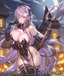 Rule 34 | 1girl, bare shoulders, breasts, bursting breasts, cleavage, collar, covered erect nipples, cuboon, curvy, demon girl, demon horns, demon tail, elbow gloves, evertale, finger to mouth, garter straps, gloves, hair over one eye, halloween, halloween costume, highleg, highleg leotard, highres, horns, large breasts, leotard, navel, night, night sky, one eye covered, ossia (evertale), pitchfork, purple eyes, purple hair, skin tight, skindentation, sky, solo, tail, thick thighs, thigh gap, thighs