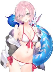 Rule 34 | 1girl, :d, bare shoulders, bikini, blush, breasts, cleavage, collarbone, cowboy shot, creature, fate/grand order, fate (series), fou (fate), front-tie bikini top, front-tie top, grey jacket, hair over one eye, halterneck, hayashi kewi, innertube, jacket, light purple hair, long sleeves, looking at viewer, mash kyrielight, mash kyrielight (swimsuit of perpetual summer), medium breasts, navel, off shoulder, official alternate costume, open clothes, open jacket, open mouth, purple eyes, short hair, side-tie bikini bottom, simple background, smile, solo, standing, stomach, swim ring, swimsuit, thigh gap, thighs, white background, white bikini