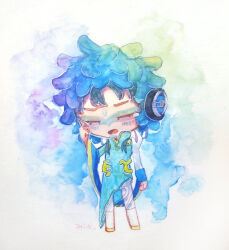 Rule 34 | 1other, absurdres, androgynous, blue eyes, dress, facepaint, facial mark, feathers, forehead mark, gnosia, green hair, headphones, highres, long hair, long sleeves, makeup, mikoto. (mikoton 1123), other focus, painting (medium), raqio, short hair, simple background, solo, tattoo, traditional media, watercolor (medium)