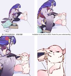 Rule 34 | 1girl, 4koma, anger vein, angry, beiyi, blunt bangs, braid, breasts, broken, cable, charger, cheek pull, cleavage, comic, commentary, commentary request, earrings, english commentary, fox, genshin impact, grabbing another&#039;s hair, gradient hair, hair ornament, highres, japanese clothes, jewelry, long hair, long sleeves, looking at another, low ponytail, medium breasts, multicolored hair, obi, parody, photo-referenced, pointing, purple hair, raiden shogun, sash, sidelocks, silent comic, single braid, squatting, wide sleeves, yae miko, yae miko (fox)
