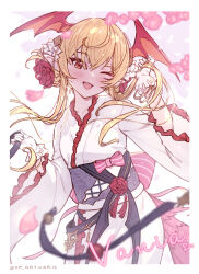Rule 34 | 1girl, bat wings, blonde hair, blush, bow, character name, commentary request, cowboy shot, fang, flower, frilled kimono, frills, gloves, granblue fantasy, hair bun, hair flower, hair ornament, hand up, head wings, highres, holding, holding hair, japanese clothes, kimono, long hair, looking at viewer, official alternate costume, one eye closed, open mouth, pink bow, pointy ears, red eyes, red flower, red tassel, red trim, red wings, skin fang, solo, twitter username, vampire, vampy, white gloves, white kimono, wings, yellowpaint., yukata