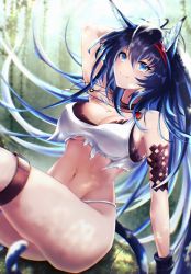 Rule 34 | 1girl, 3 (sanyako1), absurdres, animal ears, arknights, arm behind head, arm up, bad id, bad pixiv id, bare arms, bare shoulders, bikini, black choker, blaze (arknights), blue eyes, blue hair, breasts, cat ears, cat tail, choker, cleavage, commentary, hair between eyes, hairband, highres, huge filesize, jewelry, large breasts, long hair, navel, necklace, official alternate costume, red hairband, smile, solo, stomach, swimsuit, tail, thigh strap, thighs, very long hair, white bikini