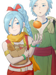 Rule 34 | 1boy, 1girl, arinsu (kodamamaimai), belt, blue eyes, blue hair, bracelet, braid, braided ponytail, brother and sister, camus (dq11), closed mouth, dragon quest, dragon quest xi, earrings, fingerless gloves, food, gloves, jewelry, long hair, maya (dq11), necklace, open mouth, red vest, scarf, siblings, simple background, single braid, smile, vest, white background
