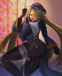 Rule 34 | 1girl, 20s, 505 games, artist request, ass, bestmembermad, black bodysuit, black dress, black gloves, black headwear, blonde hair, bloodstained: ritual of the night, blue eyes, blurry, blurry background, bodysuit, breasts, covering privates, covering one eye, dancing, depth of field, dominique (bloodstained), dress, female focus, glasses, gloves, hair over one eye, hand on own ass, hat, highres, holding, holding pole, huge breasts, indoors, large breasts, leglet, legwear garter, licking lips, long hair, long sleeves, looking at viewer, nun, pole, pole dancing, single legwear garter, skin tight, solo, teasing, tongue, tongue out, very long hair, window, yellow gloves