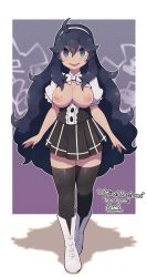 Rule 34 | 1girl, @ @, ahoge, alternate breast size, black skirt, blue eyes, blue hair, boots, bow, bowtie, breasts, breasts out, cleavage, commission, creatures (company), english text, full body, game freak, hair between eyes, hairband, hex maniac (pokemon), highres, invisible floor, lamb-oic029, long hair, looking at viewer, messy hair, nintendo, nipples, open mouth, outline, outside border, pokemon, pokemon xy, shadow, shirt, sidelocks, simple background, skeb commission, skirt, smile, solo, striped clothes, striped shirt, thighhighs, vertical-striped clothes, vertical-striped shirt, white background, white hairband, white outline