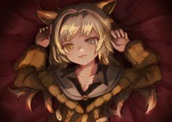 Rule 34 | 1girl, :p, absurdres, animal ears, arknights, black shirt, blonde hair, breasts, brown sweater, buchi0122, cat ears, cat girl, cleavage, close-up, closed mouth, collarbone, collared shirt, fingernails, grey eyes, heterochromia, highres, light blush, long hair, long sleeves, looking at viewer, lying, medium breasts, nail polish, nightmare (arknights), on back, shirt, solo, sweater, tongue, tongue out, upper body, yellow eyes, yellow nails