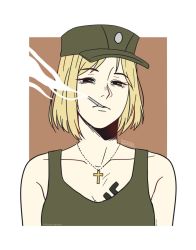 Rule 34 | 1girl, baseball cap, borrowed character, brown background, cigarette, cropped torso, cross, green hat, green tank top, hat, highres, jewelry, korzinka, latin cross, looking at viewer, marichka, necklace, original, portrait, red eyes, short hair, signature, smoke, smoking, solo, swastika, tank top, tattoo, two-tone background, white background