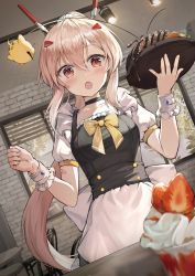 Rule 34 | 1girl, :o, absurdres, apron, ayanami (azur lane), azur lane, black choker, black dress, blurry, blurry foreground, blush, bow, breasts, brick wall, brown hair, choker, commentary request, cowboy shot, cup, depth of field, dress, food, fruit, hair between eyes, hands up, headgear, highres, holding, holding plate, indoors, long hair, looking at viewer, luzzi (milllim), maid, manjuu (azur lane), medium breasts, plate, ponytail, puffy short sleeves, puffy sleeves, red eyes, short sleeves, solo, standing, strawberry, very long hair, white apron, window, wrist cuffs, yellow bow