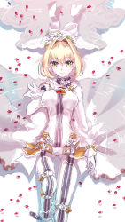 Rule 34 | 1girl, ahoge, blonde hair, bodysuit, breasts, breasts apart, chain, closed mouth, fate/extra, fate/extra ccc, fate (series), from above, gloves, green eyes, hair between eyes, hair intakes, highres, looking at viewer, lying, medium breasts, nero claudius (bride) (fate), nero claudius (fate), nero claudius (fate) (all), on back, petals, ro96cu, short hair, solo, veil, white bodysuit, white gloves