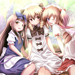 Rule 34 | 3girls, blonde hair, blue eyes, bow, brown hair, drill hair, fang, female focus, hair bow, hat, long hair, luna child, multiple girls, perfect memento in strict sense, red eyes, short hair, star sapphire, sui. (ayase), sunny milk, touhou, twintails, wings, yellow eyes