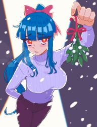 Rule 34 | 1girl, arm behind back, blue hair, blunt bangs, blush, bow, breasts, breath, commentary, english commentary, feet out of frame, hair bow, hcnone, highres, holding, holding mistletoe, large breasts, long hair, long sleeves, looking at viewer, mistletoe, orange eyes, original, pants, parted lips, penny (hcnone), pink bow, pixel art, ponytail, purple pants, snowing, solo, sweater, white sweater