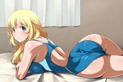 Rule 34 | 10s, 1girl, alternate costume, aqua eyes, ass, atago (kancolle), bare arms, bare legs, bare shoulders, bed, bed sheet, blonde hair, blue one-piece swimsuit, breast press, breasts, competition swimsuit, curtains, from behind, indoors, kantai collection, large breasts, long hair, looking at viewer, lying, monteriakitto, on side, one-piece swimsuit, shiny clothes, shiny skin, smile, solo, swimsuit, thighs