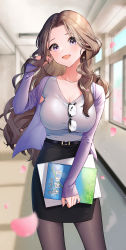 Rule 34 | 18-gou (vtuber), 1girl, absurdres, belt, between breasts, black skirt, blouse, blue shirt, blurry, blurry foreground, breasts, brown eyes, brown hair, brown pantyhose, cherry blossoms, cleavage, collarbone, commentary, commentary request, commission, cowboy shot, curly hair, depth of field, eyebrows hidden by hair, eyelashes, eyepatch, eyewear hang, forehead, glasses, hallway, hand up, head tilt, highres, holding, indie virtual youtuber, indoors, jewelry, large breasts, layered sleeves, legs apart, light particles, long hair, long sleeves, looking at viewer, mikazuki mika, nail polish, necklace, open mouth, over-rim eyewear, pantyhose, pencil skirt, petals, purple eyes, purple nails, purple shirt, semi-rimless eyewear, shirt, shirt tucked in, skirt, sleeves past wrists, smile, solo, standing, teacher, unworn eyewear, very long hair, virtual youtuber, wavy hair, window