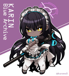 Rule 34 | apron, black dress, black hair, blue archive, blue bow, blue bowtie, blush, bow, bowtie, breasts, character name, chibi, closed mouth, dark-skinned female, dark skin, dress, frilled apron, frilled dress, frills, full body, gloves, holding, holding weapon, karin (blue archive), kurono, long hair, looking at viewer, maid, maid headdress, medium breasts, pantyhose, pleated dress, shiny skin, short sleeves, simple background, sitting, sleeve cuffs, solo, twitter username, very long hair, weapon, white apron, white gloves, white pantyhose, yellow eyes
