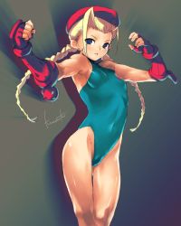 Rule 34 | 1990s (style), 1girl, armpits, bare shoulders, beret, blonde hair, blue eyes, blue leotard, braid, breasts, cammy white, capcom, fingerless gloves, flat chest, gloves, hat, highleg, highleg leotard, highres, kawata hisashi, leotard, long hair, scar, solo, street fighter, street fighter ii (series), twin braids