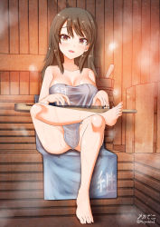 Rule 34 | 1girl, 3d background, ass, barefoot, blush, breasts, brown eyes, brown hair, cleavage, girls und panzer, highres, instrument, kantele, large breasts, long hair, looking at viewer, megadeko, mika (girls und panzer), naked towel, open mouth, sauna, shiny skin, sitting, smile, solo, sweat, towel