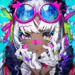 Rule 34 | 1girl, :p, bandaid, bandaid on face, bandaid on nose, blue background, blurry, dark-skinned female, dark skin, depth of field, eyewear on head, gloves, hands on own face, has bad revision, has downscaled revision, highres, md5 mismatch, mika pikazo, original, portrait, purple eyes, resolution mismatch, round eyewear, silver hair, simple background, solo, source smaller, tongue, tongue out, white gloves