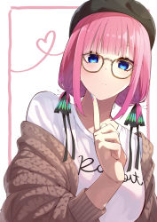 Rule 34 | 1girl, :&lt;, absurdres, alternate hairstyle, beret, black ribbon, blue eyes, blunt bangs, blush, breasts, brown cardigan, butterfly hair ornament, cardigan, finger to own chin, glasses, go-toubun no hanayome, hair ornament, hat, heart, highres, large breasts, looking at viewer, multicolored nails, nail polish, nakano nino, off shoulder, pink hair, raised eyebrows, ribbon, shirt, sidelocks, simple background, t-shirt, tamago sando, white background, white shirt