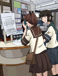 Rule 34 | 2girls, bad id, bad pixiv id, badge, bag, black hair, blue sailor collar, blue skirt, brown eyes, brown hair, brown sailor collar, brown skirt, calendar (object), cellphone, commentary request, counter, cowboy shot, highres, indoors, kantai collection, kuragare, miyuki (kancolle), multiple girls, paper, phone, ponytail, sailor collar, school uniform, serafuku, shikinami (kancolle), short hair, skirt