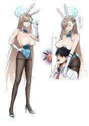 Rule 34 | 1boy, 2girls, ^ ^, absurdres, anger vein, animal ears, asuna (blue archive), asuna (bunny) (blue archive), bare shoulders, black pantyhose, blood, blue archive, blue bow, blue hairband, blue leotard, bow, bowtie, breast rest, breasts, brown hair, cleavage, closed eyes, detached collar, faceless, faceless male, fake animal ears, gloves, grin, hair over one eye, hairband, half-closed eyes, hand on own hip, high heels, highres, kosubi (tsuneta328), large breasts, leotard, long hair, mole, mole on breast, mole under eye, multiple girls, neru (blue archive), nosebleed, pantyhose, peeking out, playboy bunny, rabbit ears, rabbit tail, scowl, sensei (blue archive), simple background, smile, standing, strapless, strapless leotard, tail, teeth, v, white background, white gloves, white leotard, wrist cuffs