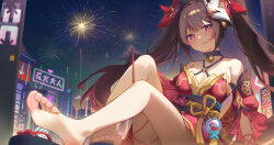 Rule 34 | 1girl, :p, arm at side, arm rest, bare shoulders, barefoot, black gloves, blush, bow, brown hair, building, city, closed mouth, dress, feet, fireworks, floating hair, foreshortening, fox mask, full body, gloves, gradient hair, hair bow, highres, hongshi (13234456009), honkai: star rail, honkai (series), knees up, long hair, looking at viewer, mask, mask on head, multicolored hair, night, night sky, obi, outdoors, pink eyes, red bow, red dress, red hair, sash, short dress, sitting, sky, sleeveless, sleeveless dress, smile, soles, solo, sparkle (honkai: star rail), toes, tongue, tongue out, twintails, very long hair