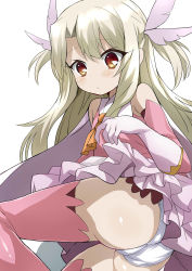 Rule 34 | 1girl, absurdres, ass, bad id, bad twitter id, blonde hair, blush, cape, clothes lift, detached sleeves, fate/kaleid liner prisma illya, fate (series), gloves, highres, illyasviel von einzbern, lifted by self, long hair, lying, magical girl, on side, panties, pink shirt, pink thighhighs, prisma illya, red eyes, shimejinameko, shirt, skirt, skirt lift, solo, thighhighs, twintails, two side up, underwear, white cape, white gloves, white panties, white skirt