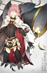 Rule 34 | 1boy, armor, armored dress, astolfo (fate), black bow, black dress, black thighhighs, bow, braid, cloak, dated, dress, eyebrows, fang, fate/apocrypha, fate/grand order, fate (series), feathers, fur-trimmed cloak, fur trim, gauntlets, gorget, hair bow, hair intakes, highres, jingzhongyin, long braid, long hair, long sleeves, looking to the side, male focus, multicolored hair, open mouth, pink hair, puffy sleeves, purple eyes, simple background, single braid, solo, streaked hair, thighhighs, trap, white background, white cloak