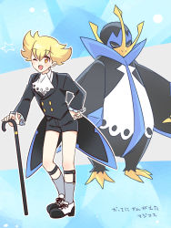 Rule 34 | 1boy, ;d, alternate costume, ascot, barry (pokemon), black shorts, blonde hair, blush, buttons, cane, commentary request, creatures (company), empoleon, eyelashes, game freak, gen 4 pokemon, grey legwear, hand on own hip, holding, holding cane, long sleeves, male focus, nintendo, one eye closed, open mouth, orange eyes, pokemon, pokemon (creature), pokemon dppt, pokemon masters ex, shoes, short hair, shorts, smile, socks, soumendaze, standing, tailcoat, translation request, white ascot, white footwear