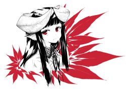 Rule 34 | 1girl, animal ears, blunt bangs, collared shirt, commentary request, cropped torso, horns, jacket, jaco, long hair, looking at viewer, monochrome, original, parted lips, red eyes, shirt, solo, spot color, upper body, white background