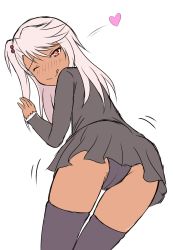 Rule 34 | 1girl, ;q, absurdres, ass, black dress, black panties, black thighhighs, blush, chloe von einzbern, closed mouth, commentary request, dark-skinned female, dark skin, dress, fate/kaleid liner prisma illya, fate (series), hair between eyes, hair bobbles, hair ornament, heart, highres, leaning forward, long hair, looking at viewer, looking back, mitchi, nose blush, one eye closed, one side up, panties, pink hair, red eyes, simple background, smile, solo, thighhighs, tongue, tongue out, underwear, white background