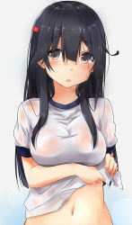 Rule 34 | 10s, 1girl, absurdres, black hair, blush, breasts, female focus, grey eyes, gym uniform, hachimaki, headband, highres, kantai collection, large breasts, long hair, looking at viewer, navel, open mouth, saku (kudrove), see-through, solo, squeezing, upper body, ushio (kancolle), wet, wet clothes