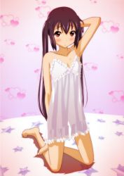 Rule 34 | 1girl, armpits, bad feet, bad id, bad pixiv id, barefoot, black hair, face, flat chest, k-on!, kneeling, long hair, nakano azusa, nightgown, oku no shi, red eyes, solo, twintails