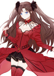 Rule 34 | 1girl, black skirt, blue eyes, bracelet, breasts, brown hair, choker, cleavage, earrings, fate/stay night, fate (series), frilled skirt, frills, hair ornament, jewelry, long hair, long sleeves, looking at viewer, medium breasts, miniskirt, pleated skirt, polka dot, polka dot legwear, red thighhighs, ring, simple background, skirt, solo, thighhighs, tohsaka rin, tohsaka rin (formalcraft), twintails, two side up, very long hair, white background, yutsuki (pixiv4894196), zettai ryouiki
