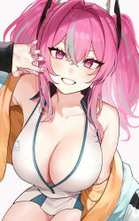 Rule 34 | 1girl, azur lane, breasts, bremerton (azur lane), bremerton (scorching-hot training) (azur lane), claw pose, cleavage, clenched teeth, collarbone, fingernails, grey hair, hair intakes, highres, large breasts, looking at viewer, mole, mole on breast, multicolored hair, nail polish, omaru (0marufestival), pink eyes, pink hair, pink nails, simple background, smile, solo, streaked hair, teeth, two-tone hair, white background