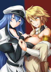 Rule 34 | 10s, 1boy, 2girls, akame ga kill!, armlet, bare shoulders, between breasts, blonde hair, blue eyes, blue hair, blush, bol (liliymimi), breast press, breast smother, breasts, choker, cleavage, colored eyelashes, detached sleeves, esdeath, face to breasts, femdom, girl sandwich, grin, hat, head between breasts, height difference, highres, huge breasts, large breasts, leone (akame ga kill!), long hair, military, military uniform, multiple breast smother, multiple girls, peaked cap, sandwiched, scarf, smile, standing, symmetrical docking, tatsumi (akame ga kill!), uniform, very long hair, yellow eyes