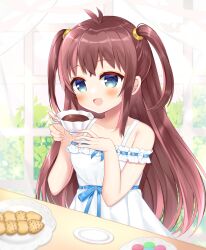 Rule 34 | 1girl, :d, antenna hair, blue eyes, blush, brown hair, collarbone, commission, cookie, cup, curtains, dress, food, hands up, holding, holding cup, long hair, looking at viewer, macaron, off-shoulder dress, off shoulder, open mouth, original, plate, ribbon-trimmed dress, saucer, shikito (yawa0w0), skeb commission, smile, solo, transparent, two side up, very long hair, white dress, window