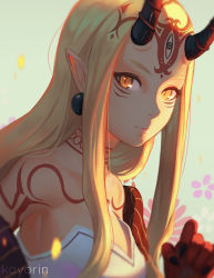 Rule 34 | 1girl, artist name, bare shoulders, blonde hair, commentary, earrings, facial mark, fate/grand order, fate (series), fingernails, floral background, horns, ibaraki douji (fate), jewelry, koyorin, long hair, looking at viewer, oni, oni horns, pointy ears, sharp fingernails, slit pupils, solo, tattoo, upper body, yellow eyes