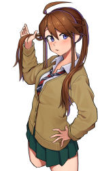 Rule 34 | 1girl, ahoge, bad id, bad pixiv id, black necktie, blue eyes, brown hair, brown sweater, cardigan, commentary, cropped legs, diagonal-striped clothes, diagonal-striped necktie, diagonal-striped neckwear, dress shirt, green skirt, hand in own hair, hand on own hip, highres, idolmaster, idolmaster million live!, long sleeves, looking at viewer, loose necktie, necktie, parted lips, red necktie, roivas, school uniform, shirt, simple background, skirt, solo, standing, striped clothes, striped necktie, striped neckwear, sweater, tokoro megumi, twintails, white background, white shirt, wing collar