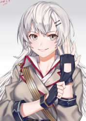 Rule 34 | 1girl, absurdres, blush, breasts, collarbone, collared shirt, dated, fingerless gloves, girls&#039; frontline, glove pull, gloves, gradient background, grey eyes, grey jacket, hair between eyes, hair ornament, hairclip, hand up, highres, jacket, long hair, looking at viewer, medium breasts, shirt, sidelocks, signature, silver hair, skirt, smile, solo, svd (girls&#039; frontline), white shirt, wing collar, zui ai shuang mawei