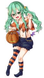 Rule 34 | 1girl, ajidot, asymmetrical legwear, bag, bare shoulders, bat wings, black shorts, blush, breasts, claw pose, cleavage, crop top, date a live, food, green eyes, green hair, hair between eyes, hair ornament, highres, holding, holding bag, holding food, holding pumpkin, holding vegetable, kneehighs, leaning forward, long hair, looking at viewer, midriff, natsumi (date a live), navel, no headwear, open mouth, pumpkin, shorts, simple background, small breasts, socks, solo, star (symbol), star hair ornament, striped clothes, striped socks, striped thighhighs, suspender shorts, suspenders, sweets, thighhighs, trick or treat, twintails, uneven legwear, vegetable, white background, wings