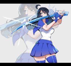 Rule 34 | 1girl, ahoge, black hair, blue eyes, blue hair, blue skirt, blue thighhighs, borrowed character, breasts, colored inner hair, fighting stance, fingerless gloves, glint, gloves, highres, holding, holding sword, holding weapon, jacket, katana, letterboxed, medium breasts, miniskirt, multicolored hair, nyantcha, open clothes, open jacket, original, shirt, short sleeves, skirt, standing, sword, thighhighs, weapon, white shirt, zettai ryouiki, zoom layer